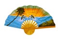 Fan with picture of tropical beach.