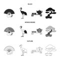 Fan, red crown crane, tea ceremony, bonsai.Japan set collection icons in black,monochrome,outline style vector symbol