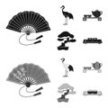 Fan, red crown crane, tea ceremony, bonsai.Japan set collection icons in black,monochrome style vector symbol stock