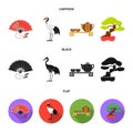 Fan, red crown crane, tea ceremony, bonsai.Japan set collection icons in cartoon,black,flat style vector symbol stock