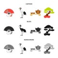 Fan, red crown crane, tea ceremony, bonsai.Japan set collection icons in cartoon,black,monochrome style vector symbol