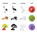 Fan, red crown crane, tea ceremony, bonsai.Japan set collection icons in cartoon,black,outline,flat style vector symbol