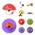 Fan, red crown crane, tea ceremony, bonsai.Japan set collection icons in cartoon,flat style vector symbol stock