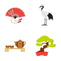 Fan, red crown crane, tea ceremony, bonsai.Japan set collection icons in cartoon style vector symbol stock illustration