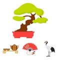 Fan, red crown crane, tea ceremony, bonsai.Japan set collection icons in cartoon style vector symbol stock illustration