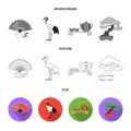 Fan, red crown crane, tea ceremony, bonsai.Japan set collection icons in flat,outline,monochrome style vector symbol