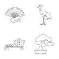 Fan, red crown crane, tea ceremony, bonsai.Japan set collection icons in monochrome style vector symbol stock