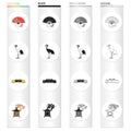 Fan, red-haired crane, Japanese sushi food, national lantern. Japan set collection icons in cartoon black monochrome Royalty Free Stock Photo