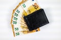 Fan shaped 50 euro banknotes with wallets Royalty Free Stock Photo