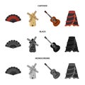 Fan Spanish, mill, guitar, skirt for national Spanish dances. Spain country set collection icons in cartoon,black Royalty Free Stock Photo