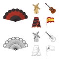 Fan Spanish, mill, guitar, skirt for national Spanish dances. Spain country set collection icons in cartoon,outline Royalty Free Stock Photo