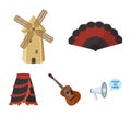 Fan Spanish, mill, guitar, skirt for national Spanish dances. Spain country set collection icons in cartoon style vector