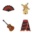 Fan Spanish, mill, guitar, skirt for national Spanish dances. Spain country set collection icons in cartoon style vector Royalty Free Stock Photo