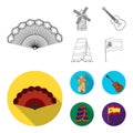 Fan Spanish, mill, guitar, skirt for national Spanish dances. Spain country set collection icons in outline,flat style