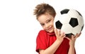 Fan sport boy player hold soccer ball in red t-shirt celebrating happy smiling laughing free text copy space Royalty Free Stock Photo