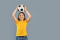 Fan sport girl player hold soccer ball celebrating Royalty Free Stock Photo