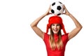 Fan sport woman player in red uniform and russian winter hat hold soccer ball celebrating Royalty Free Stock Photo