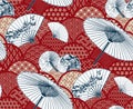 Fan unbrella traditional kimono pattern flowery vector sketch illustration line art japanese chinese oriental design