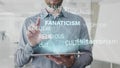 Fanaticism, follow, cult, faith, nationalist word cloud made as hologram used on tablet by bearded man, also used