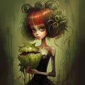 Fanciful Lady With A Weird Green Plant In Tim Burton Style