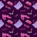 Fancy accessories, pink, violet neon palette, watercolor illustration, seamless pattern on purple