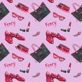 Fancy accessories, seamless pattern, pink background