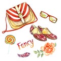 Fancy accessories set, striped saddle bag type, glasses, leather saddle shoes, colorful lollipop, feather and red rose