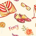Fancy accessories, striped saddle bag type, glasses, leather saddle shoes, colorful lollipop, feather and red rose