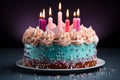 Fancy birthday cake decorated with lit candles, isolated on plain background