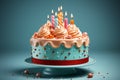 Fancy birthday cake decorated with lit candles, isolated on plain background