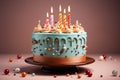 Fancy birthday cake decorated with lit candles, isolated on plain background