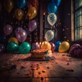 A fancy birthday cake with lit candles , confetti explosion and the colorful balloons surrounding, Generative AI