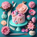 Fancy birthday cake with pink roses and buttercream on blue background Generative AI dessert ai
