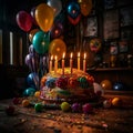 A fancy birthday cake with lit candles and the colorful ballons background, Generative AI