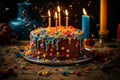 A fancy birthday cake with lit candles and confetti explosion surrounding, Generative AI