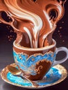 Fancy blue brown color coffee cup with splashes of chocolate