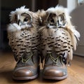 fancy boots with owl feather trim, creative shoe design