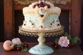 a fancy cake with cherries on top of a cake stand next to flowers and fruit on a table with a chair in the background