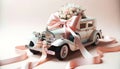Fancy Car with Ribbons and Bows on Pastel Background - AI Generated Royalty Free Stock Photo