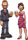 Couple dressed in elegant clothes and holding a glass of beer.