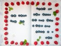 Fancy creative copybook filled with lines made of healthy sweets and decorated with raspberry frame and green leaves