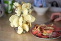 Fancy creative steel fruit dryer. Sliced apple slices. Nearby is a plate with red apple peels.