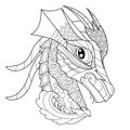 Fancy dragon head on white background. Contour illustration for coloring book with fantasy reptile. Anti stress picture. Line art