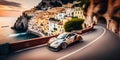 Fancy expensive sports car racing around curves in the town of Positano