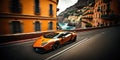 Fancy expensive sports car racing around curves in the town of Positano