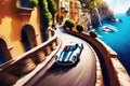 Fancy expensive sports car racing around curves in the town of Positano