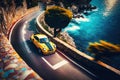 Fancy expensive sports car racing around curves in the town of Positano