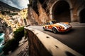 Fancy expensive sports car racing around curves in the town of Positano