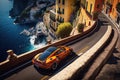 Fancy expensive sports car racing around curves in the town of Positano