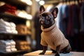 Fancy fashionable dressed puppy dog in luxury boutique. Luxury clothing for pets